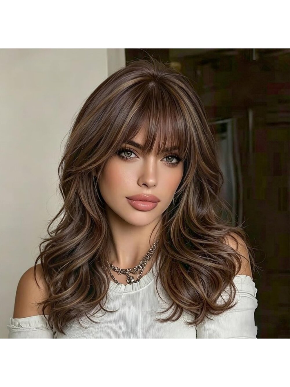 Women's Brown With Caramel Highlight Layered Wig Synthetic Curly Wavy with Bangs